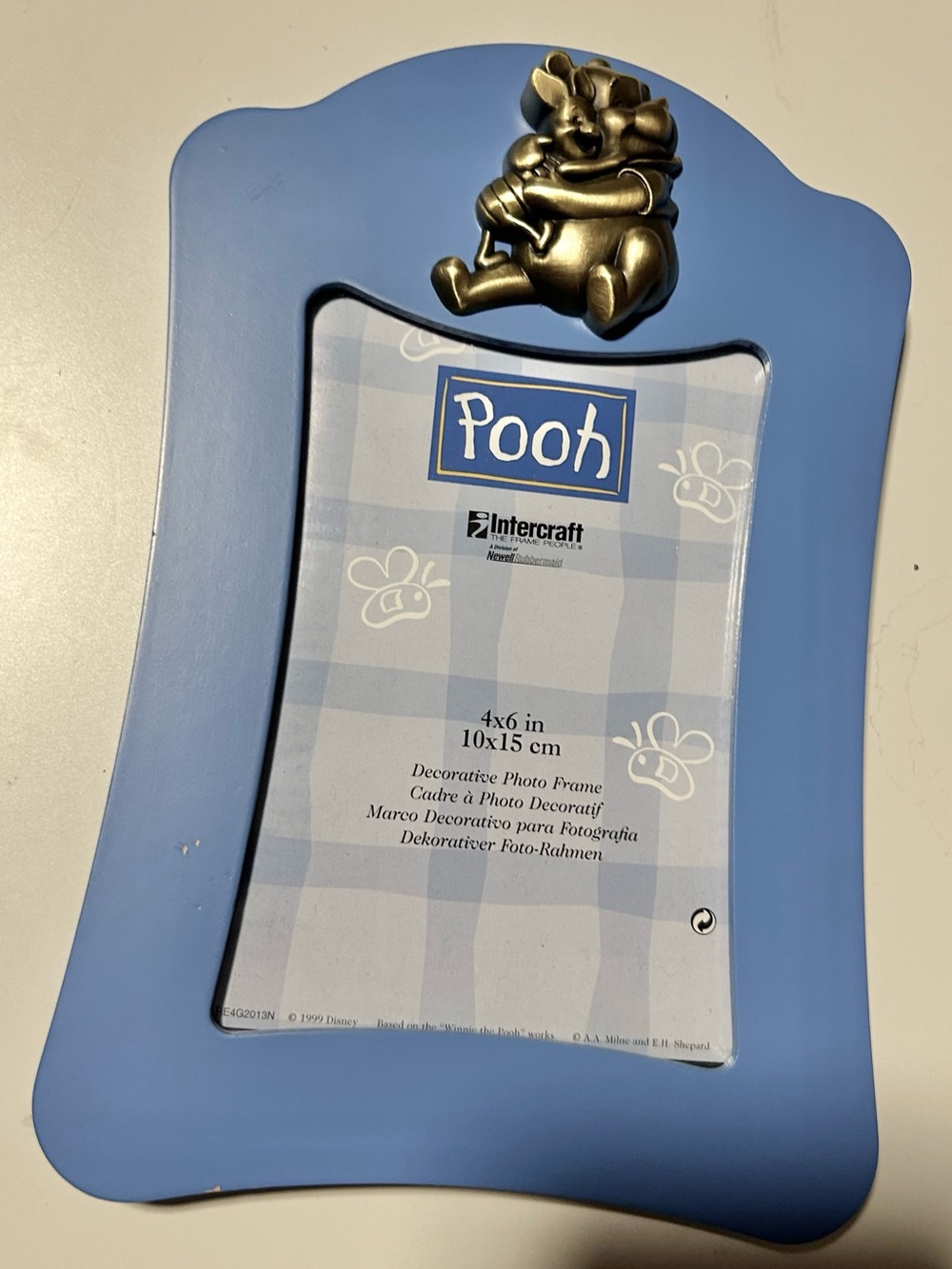 Vintage Disney 1999 Pooh Light Blue Photo Frame with Gold Accent